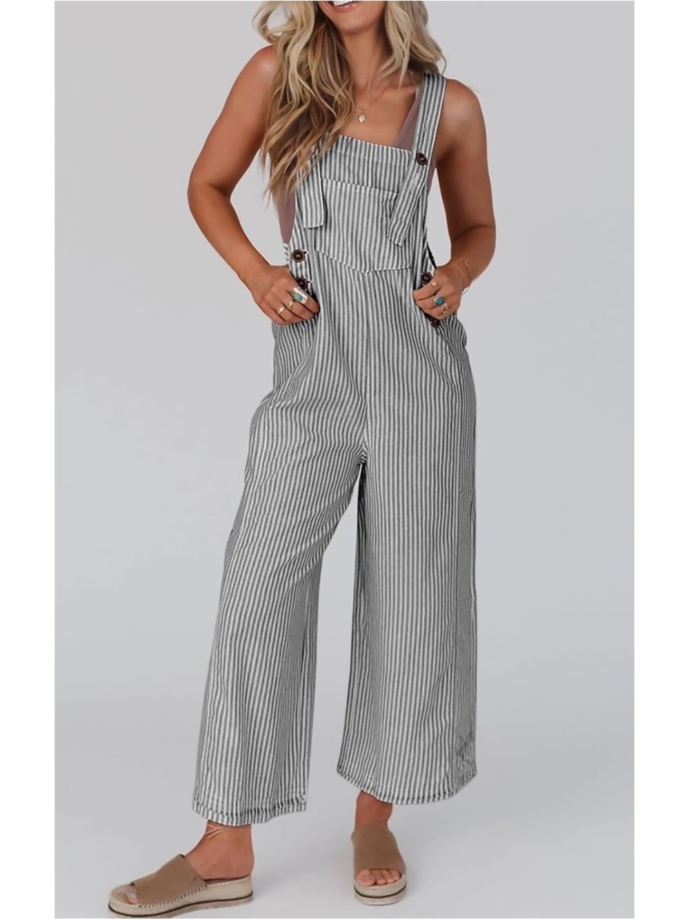 Pretty Garden Blue White Striped Cropped Wide Leg Overall Jumpsuit Cotton Size M - Picture 3 of 12